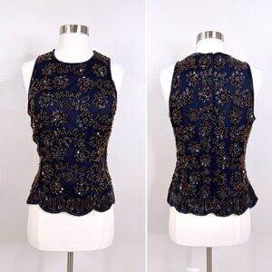 Vintage 90s Beaded Sequin Black Silk Top Large Sleeveless Whimsigoth Glam Fairy